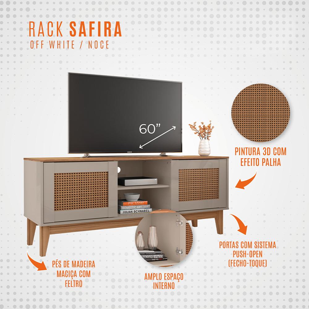 Rack Safira 1,35 Tv 60 Polegadas 2 Portas Pés Madeira Maciça Decoração Clássica Sala Estar Off White/Noce - Lojas RPM