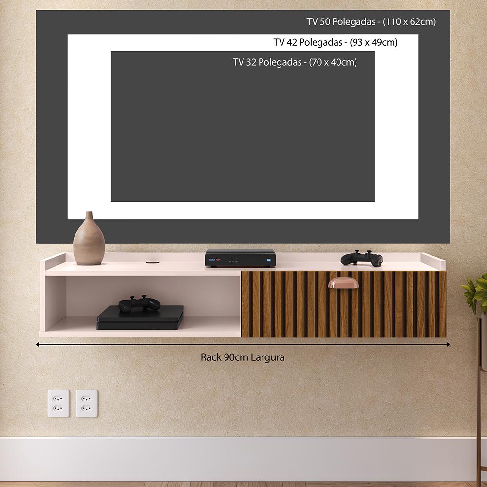 Rack Suspenso Home Classic Tv 32 42 50 Polegadas 1 Porta Puxador Concha Decoração Minimalista Quarto Sala Recepção Off White/Ripado - Lojas RPM