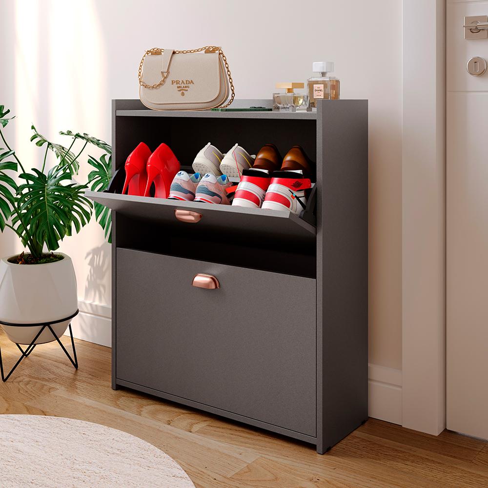 Sapateira Closet Vertical Organizadora 12 Pares Calçados Unissex Prateleira 2 Andares Gavetas Basculante Cinza Pérola - Lojas RPM