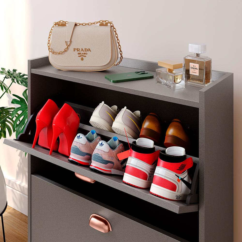 Sapateira Closet Vertical Organizadora 12 Pares Calçados Unissex Prateleira 2 Andares Gavetas Basculante Cinza Pérola - Lojas RPM