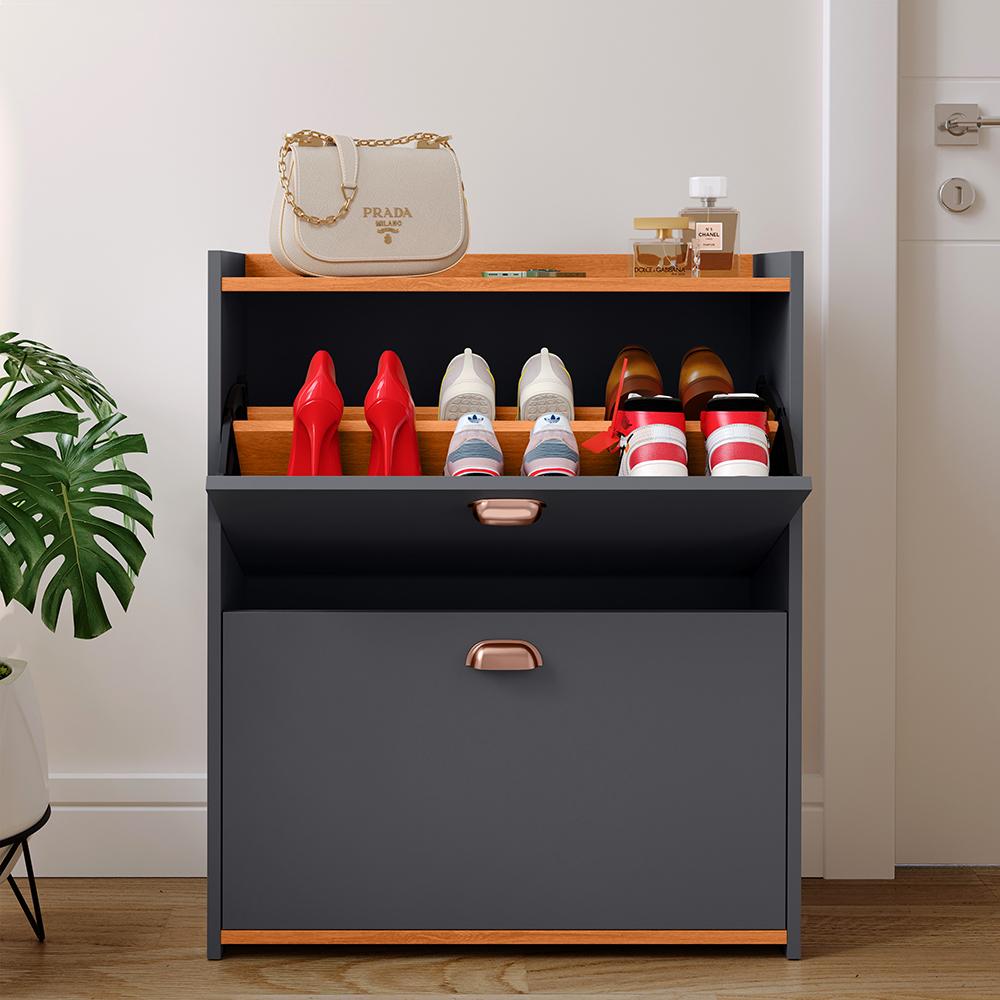 Sapateira Closet Vertical Organizadora 12 Pares Calçados Unissex Prateleira 2 Andares Gavetas Basculante Cinza/Cinamomo - Lojas RPM