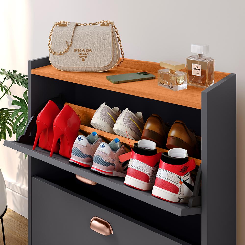 Sapateira Closet Vertical Organizadora 12 Pares Calçados Unissex Prateleira 2 Andares Gavetas Basculante Cinza/Cinamomo - Lojas RPM