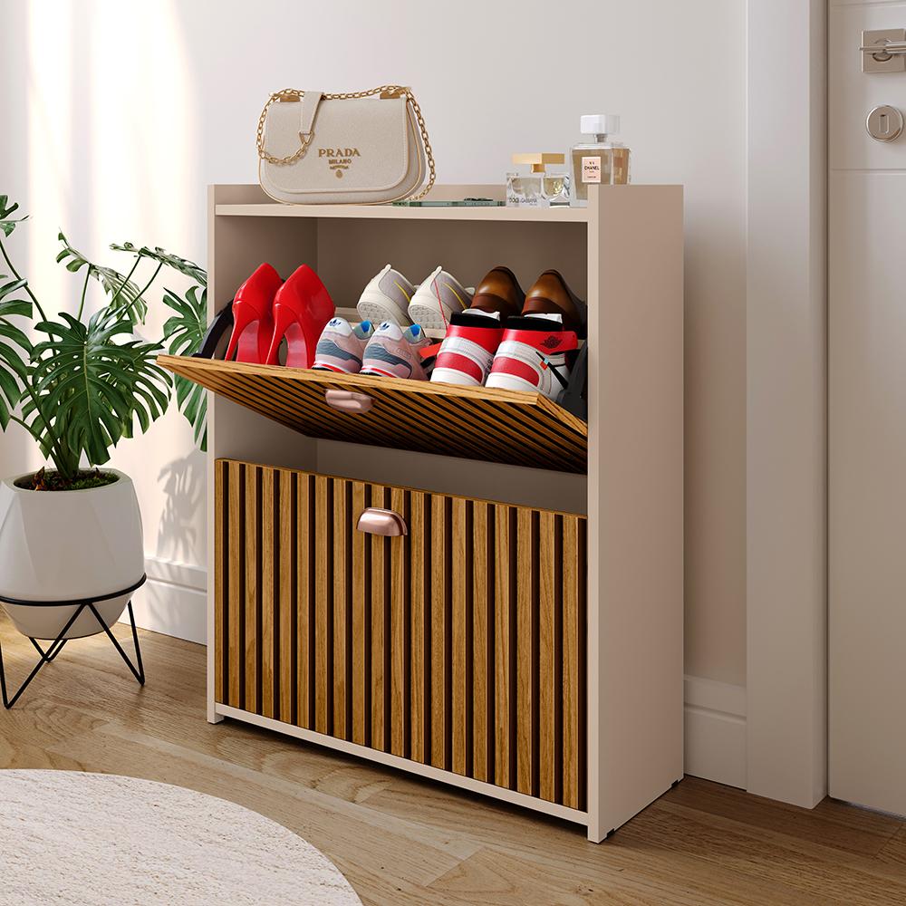 Sapateira Closet Vertical Organizadora 12 Pares Calçados Unissex Prateleira 2 Andares Gavetas Basculante Fendi/Ripado - Lojas RPM
