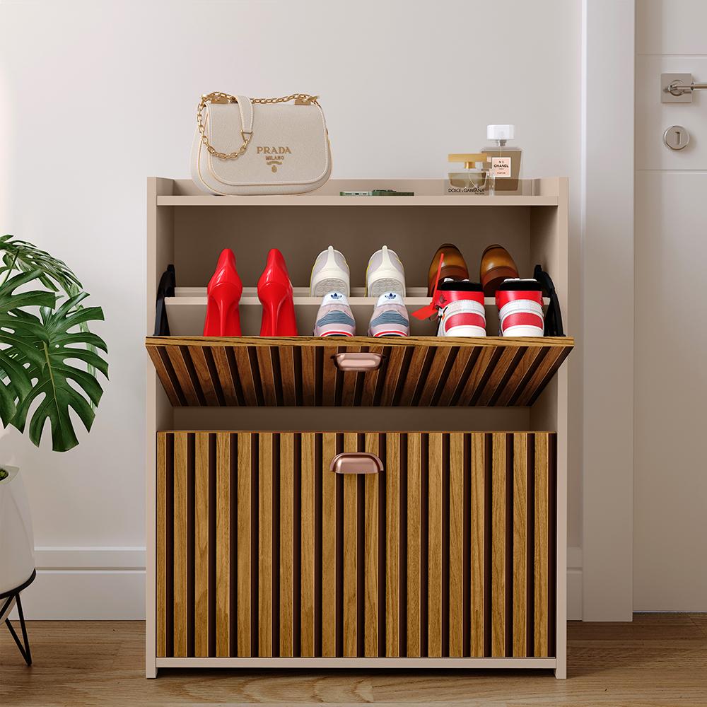 Sapateira Closet Vertical Organizadora 12 Pares Calçados Unissex Prateleira 2 Andares Gavetas Basculante Fendi/Ripado - Lojas RPM