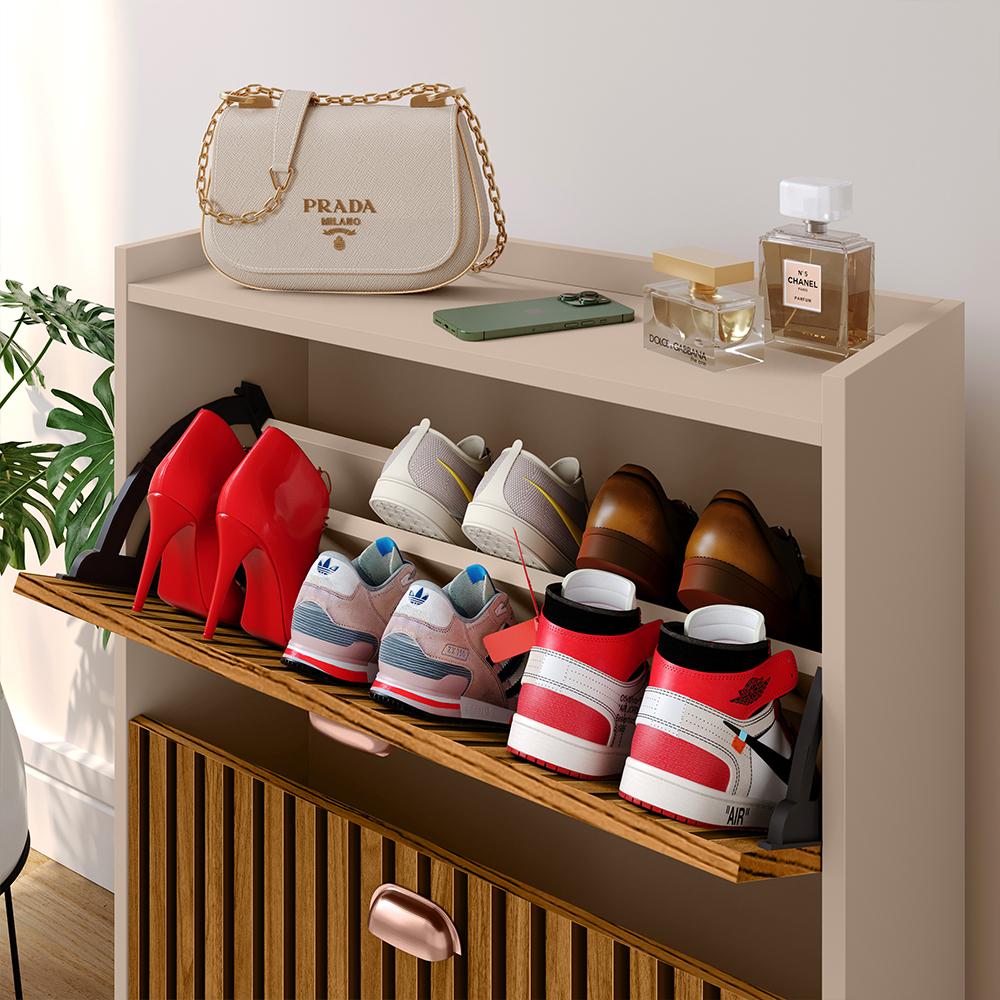 Sapateira Closet Vertical Organizadora 12 Pares Calçados Unissex Prateleira 2 Andares Gavetas Basculante Fendi/Ripado - Lojas RPM