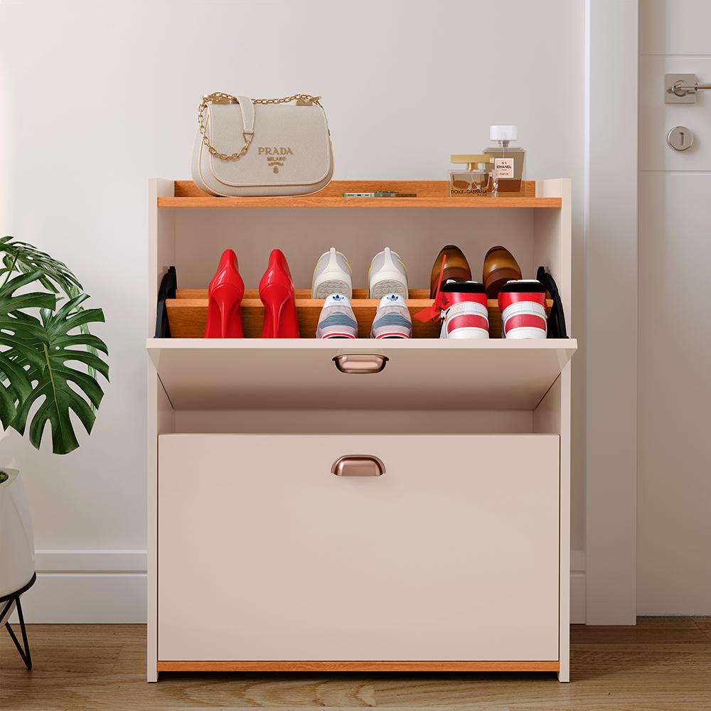 Sapateira Closet Vertical Organizadora 12 Pares Calçados Unissex Prateleira 2 Andares Gavetas Basculante Off White/Cinamomo - Lojas RPM