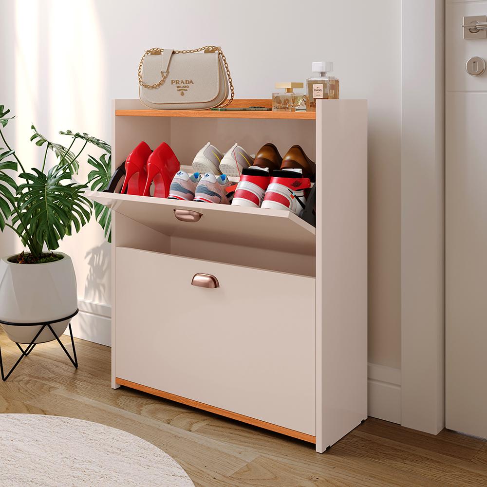 Sapateira Closet Vertical Organizadora 12 Pares Calçados Unissex Prateleira 2 Andares Gavetas Basculante Off White/Cinamomo - Lojas RPM
