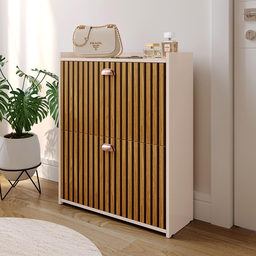 Sapateira Closet Vertical Organizadora 12 Pares Calçados Unissex Prateleira 2 Andares Gavetas Basculante Off White/Ripado - Lojas RPM