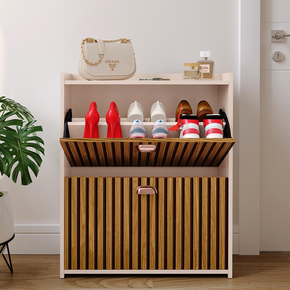 Sapateira Closet Vertical Organizadora 12 Pares Calçados Unissex Prateleira 2 Andares Gavetas Basculante Off White/Ripado - Lojas RPM