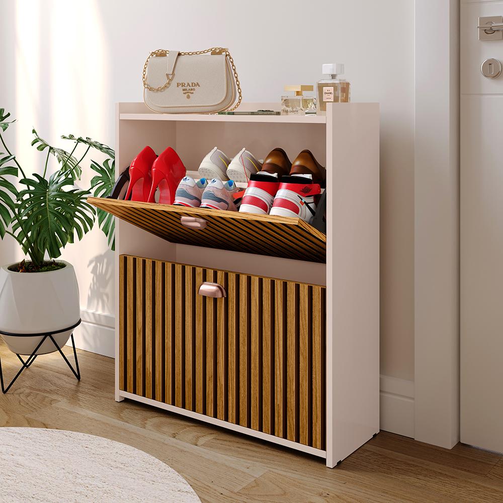 Sapateira Closet Vertical Organizadora 12 Pares Calçados Unissex Prateleira 2 Andares Gavetas Basculante Off White/Ripado - Lojas RPM