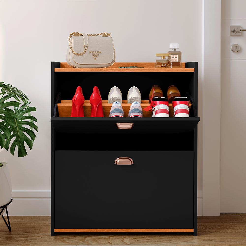 Sapateira Closet Vertical Organizadora 12 Pares Calçados Unissex Prateleira 2 Andares Gavetas Basculante Preto/Cinamomo - Lojas RPM