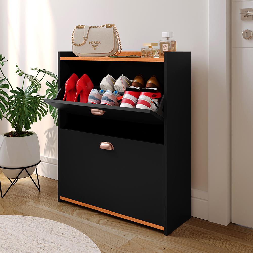 Sapateira Closet Vertical Organizadora 12 Pares Calçados Unissex Prateleira 2 Andares Gavetas Basculante Preto/Cinamomo - Lojas RPM