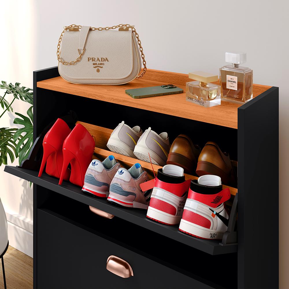 Sapateira Closet Vertical Organizadora 12 Pares Calçados Unissex Prateleira 2 Andares Gavetas Basculante Preto/Cinamomo - Lojas RPM