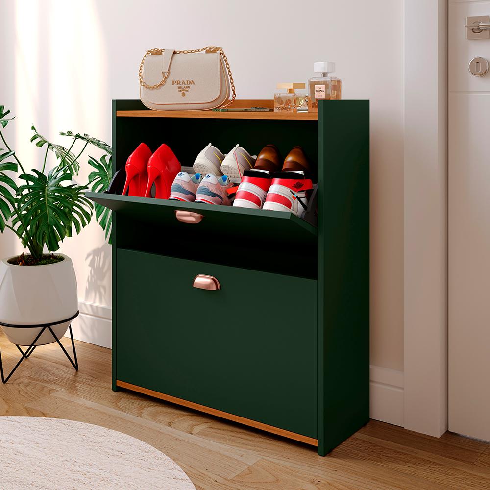 Sapateira Closet Vertical Organizadora 12 Pares Calçados Unissex Prateleira 2 Andares Gavetas Basculante Verde/Cedro - Lojas RPM