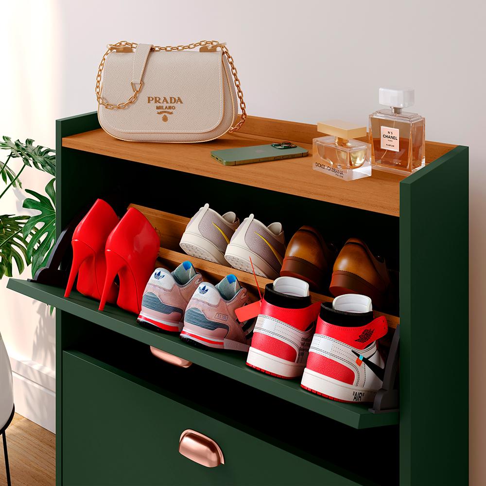 Sapateira Closet Vertical Organizadora 12 Pares Calçados Unissex Prateleira 2 Andares Gavetas Basculante Verde/Cedro - Lojas RPM