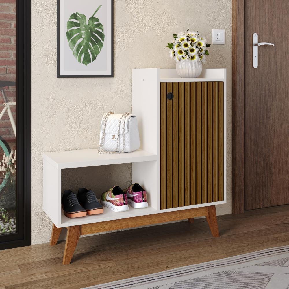 Sapateira Organizadora Com Prateleiras Porta E Nicho Shoes - Off White/Ripado Nature - Lojas RPM