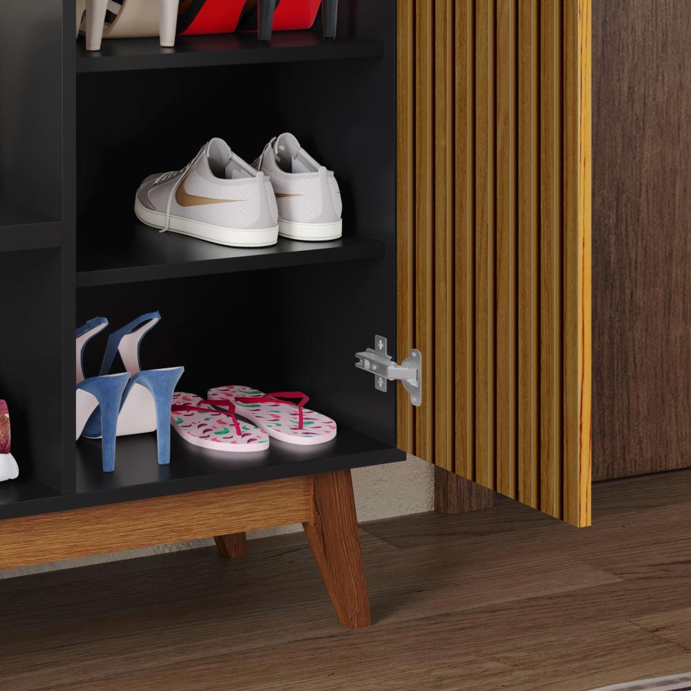 Sapateira Organizadora Com Prateleiras Porta E Nicho Shoes - Preto/Ripado Nature - Lojas RPM 