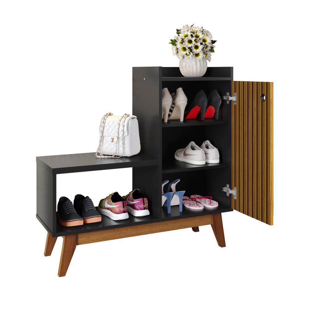 Sapateira Organizadora Com Prateleiras Porta E Nicho Shoes - Preto/Ripado Nature - Lojas RPM 