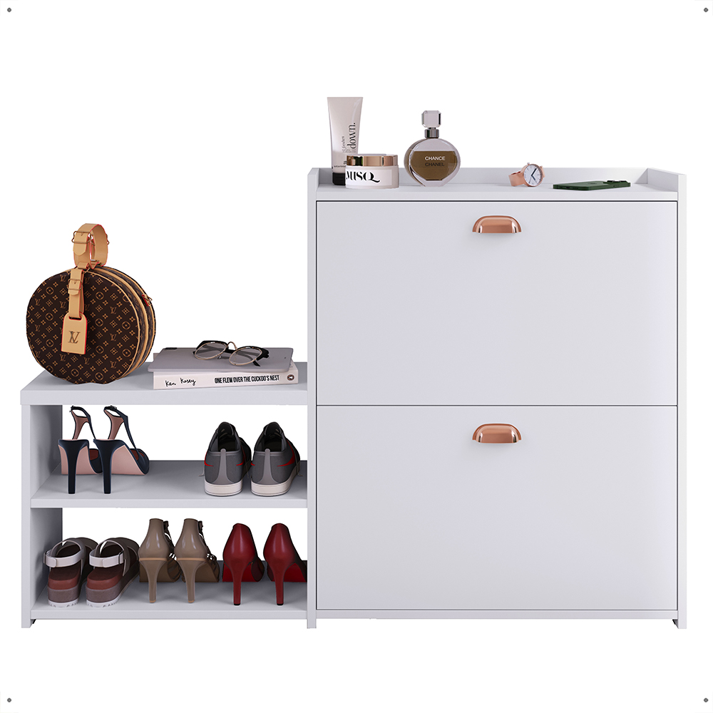 Sapateira Vertical Milano 2 Gavetas Basculantes Prateleira Porta Calçados Banquinho Hall Entrada Canto Quarto Retrô - Branco - RPM