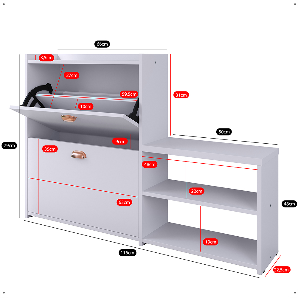 Sapateira Vertical Milano 2 Gavetas Basculantes Prateleira Porta Calçados Banquinho Hall Entrada Canto Quarto Retrô - Branco - RPM
