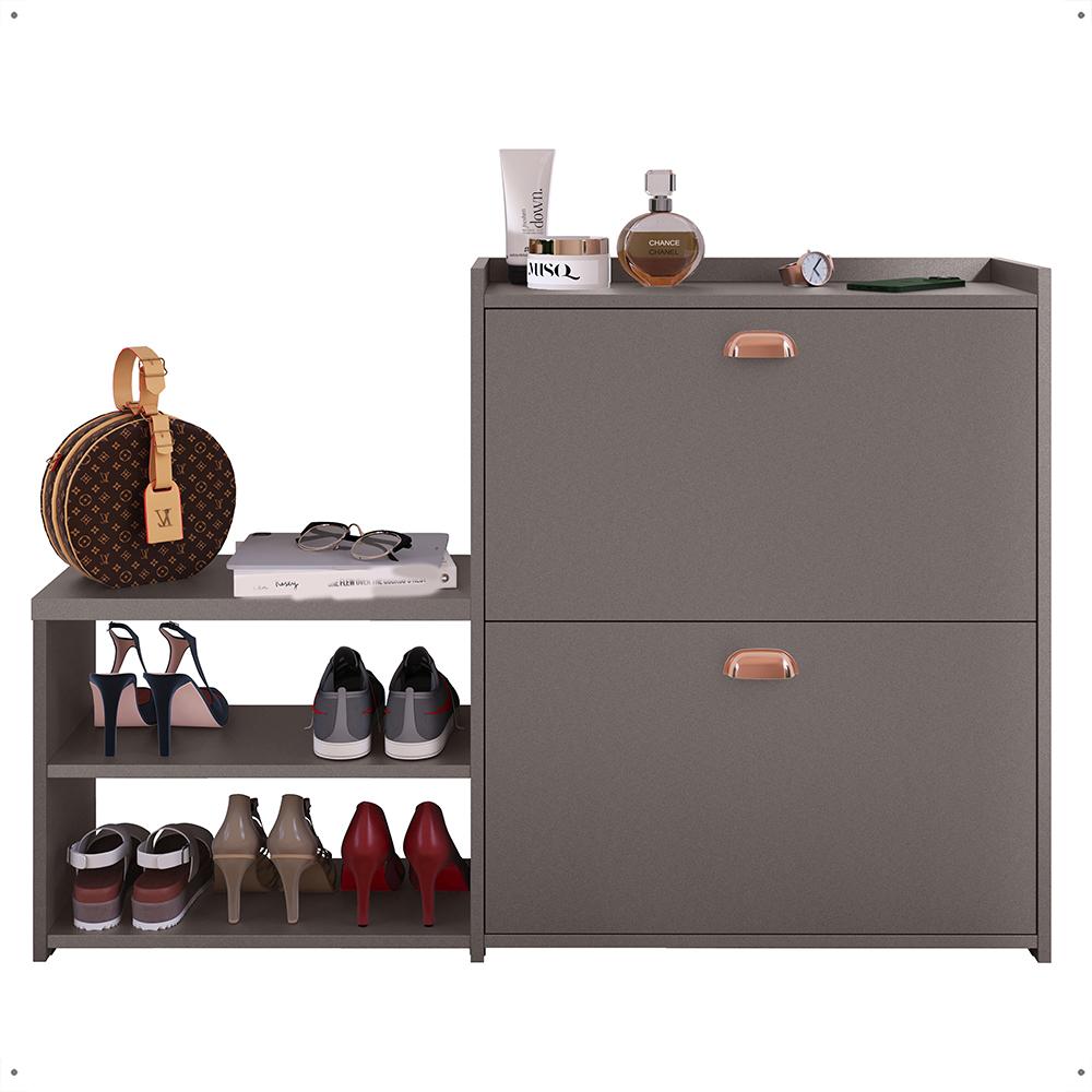 Sapateira Vertical Milano 2 Gavetas Basculantes Prateleira Porta Calçados Banquinho Hall Entrada Canto Quarto Retrô - Cinza Pérola - RPM
