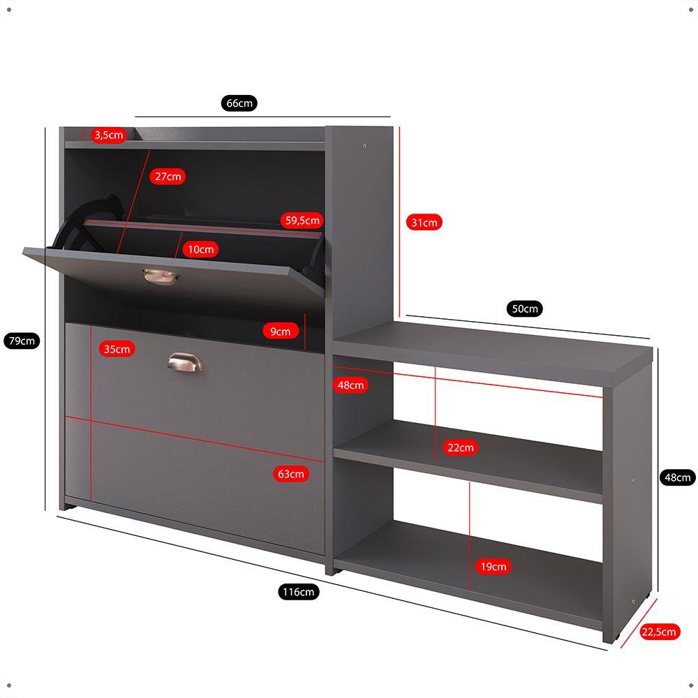 Sapateira Vertical Milano 2 Gavetas Basculantes Prateleira Porta Calçados Banquinho Hall Entrada Canto Quarto Retrô - Cinza Pérola - RPM