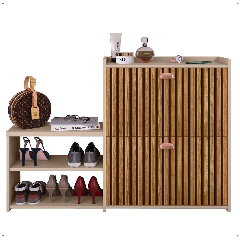 Sapateira Vertical Milano 2 Gavetas Basculantes Prateleira Porta Calçados Banquinho Hall Entrada Canto Quarto Retrô - Fendi/Ripado - RPM