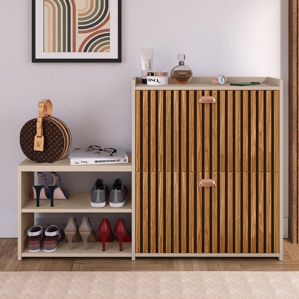 Sapateira Vertical Milano 2 Gavetas Basculantes Prateleira Porta Calçados Banquinho Hall Entrada Canto Quarto Retrô - Fendi/Ripado - RPM
