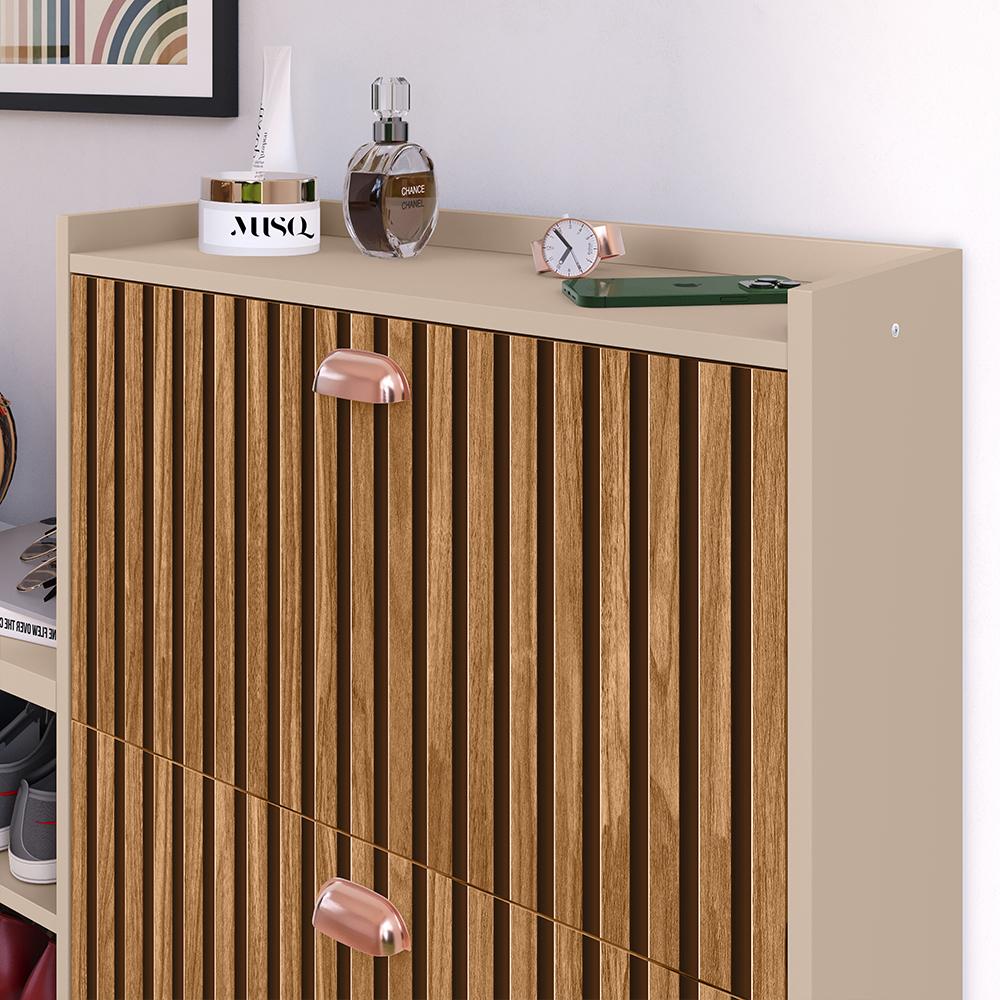 Sapateira Vertical Milano 2 Gavetas Basculantes Prateleira Porta Calçados Banquinho Hall Entrada Canto Quarto Retrô - Fendi/Ripado - RPM