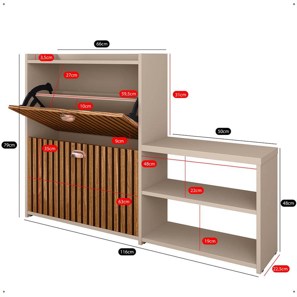 Sapateira Vertical Milano 2 Gavetas Basculantes Prateleira Porta Calçados Banquinho Hall Entrada Canto Quarto Retrô - Fendi/Ripado - RPM
