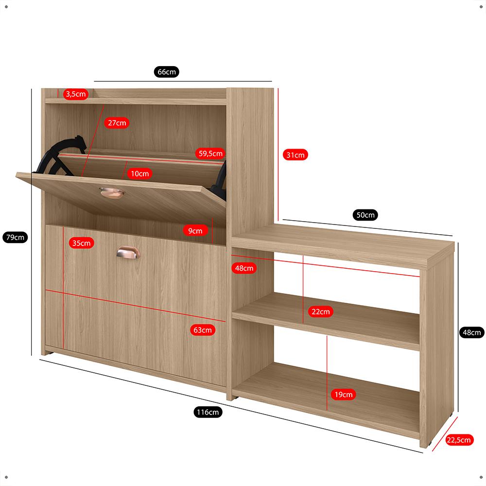 Sapateira Vertical Milano 2 Gavetas Basculantes Prateleira Porta Calçados Banquinho Hall Entrada Canto Quarto Retrô - Hanover - RPM