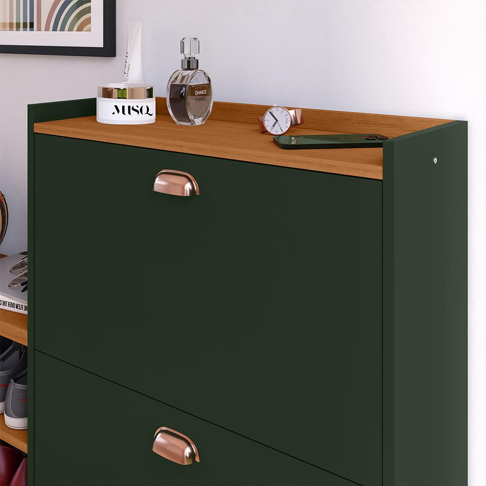 Sapateira Vertical Milano 2 Gavetas Basculantes Prateleira Porta Calçados Banquinho Hall Entrada Canto Quarto Retrô - Verde/Cedro - RPM