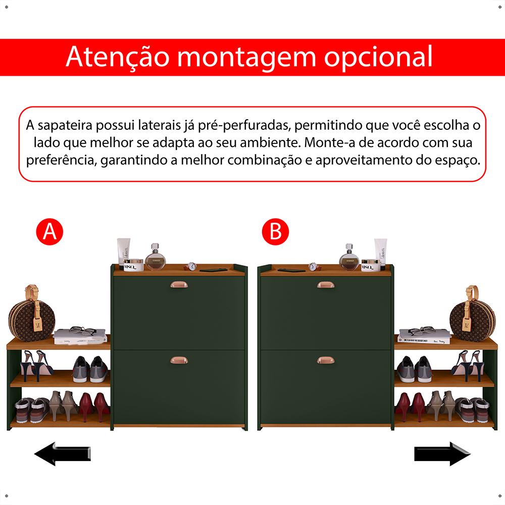 Sapateira Vertical Milano 2 Gavetas Basculantes Prateleira Porta Calçados Banquinho Hall Entrada Canto Quarto Retrô - Verde/Cedro - RPM