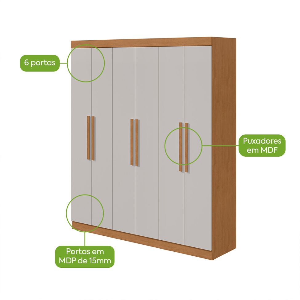 Guarda-Roupa Casal Andara 6 Portas 2 Gavetas Amêndoa Clean e Off White