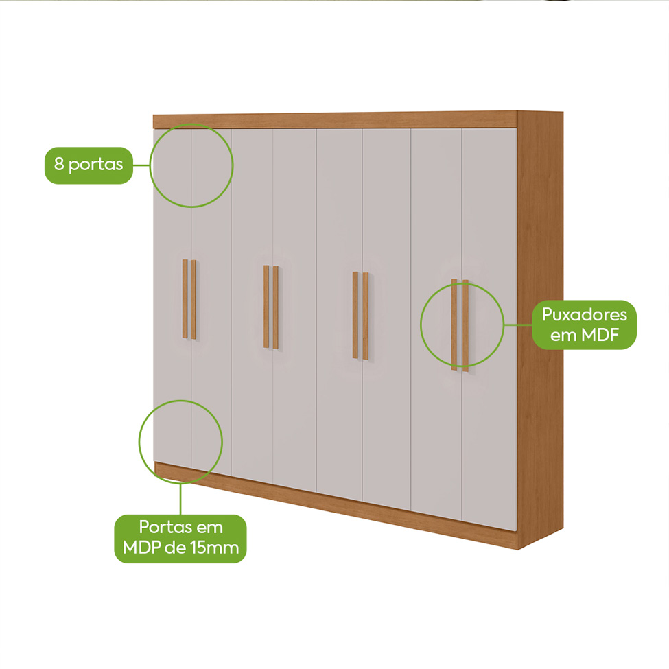 Guarda-Roupa Casal Andara 8 Portas 4 Gavetas Amêndoa Clean e Off White