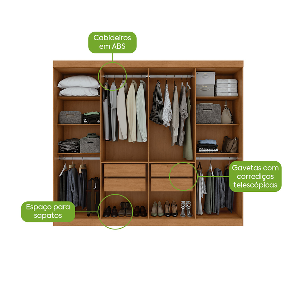 Guarda-Roupa Casal Andara 8 Portas 4 Gavetas Amêndoa Clean e Off White