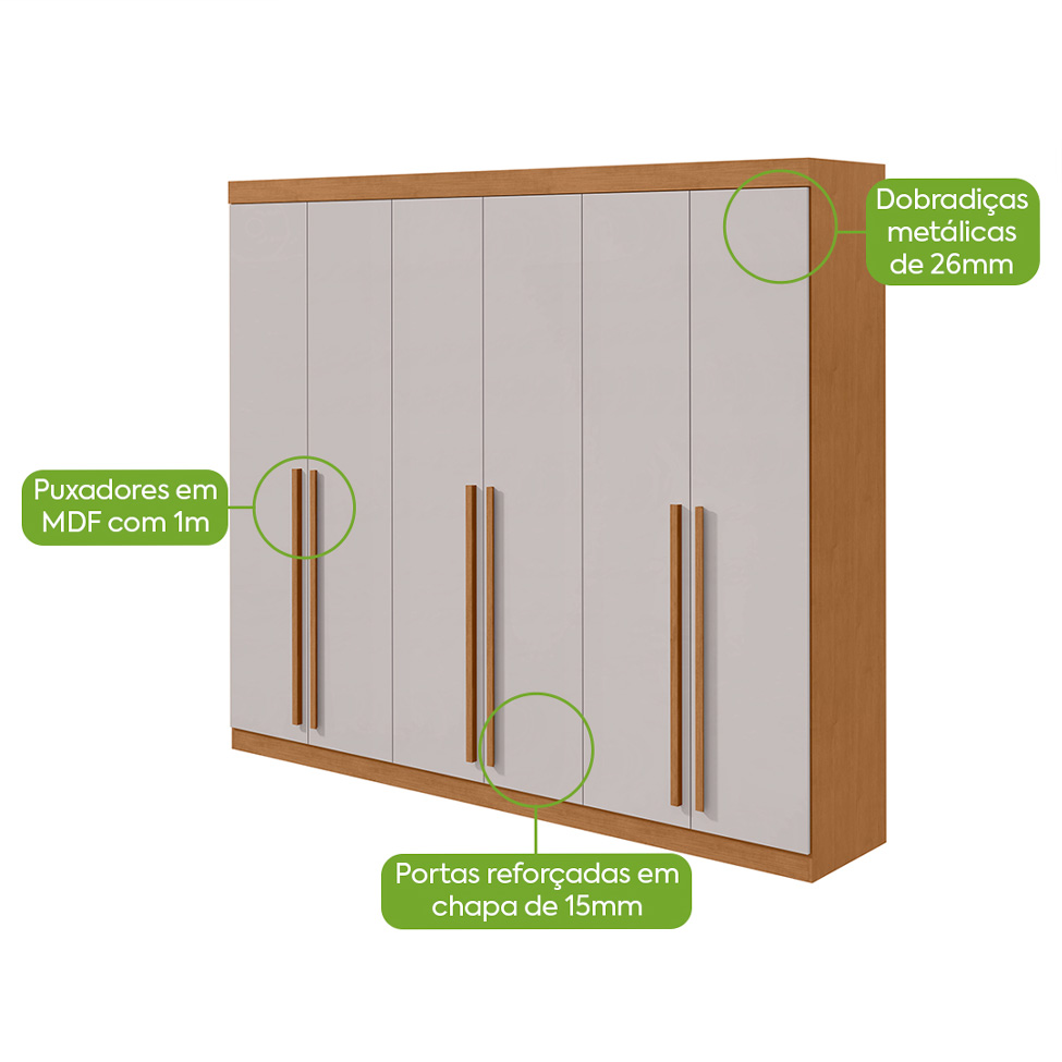 Guarda-Roupa Casal Bertha 6 Portas 4 Gavetas Amêndoa Clean e Off White