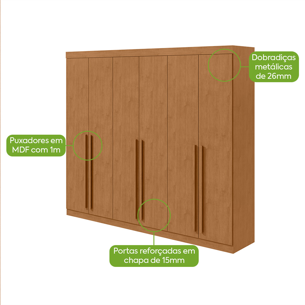 Guarda-Roupa Casal Bertha 6 Portas 6 Gavetas Amêndoa Clean