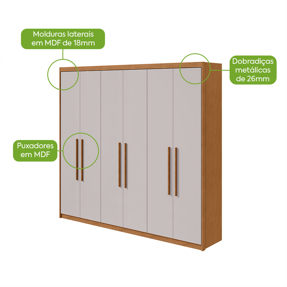 Guarda-Roupa Casal Áries 6 Portas 5 Gavetas Amêndoa Clean e Off White