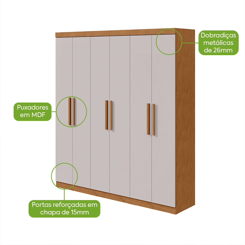 Guarda-Roupa Casal Jazz 6 Portas 3 Gavetas Amêndoa Clean e Off White