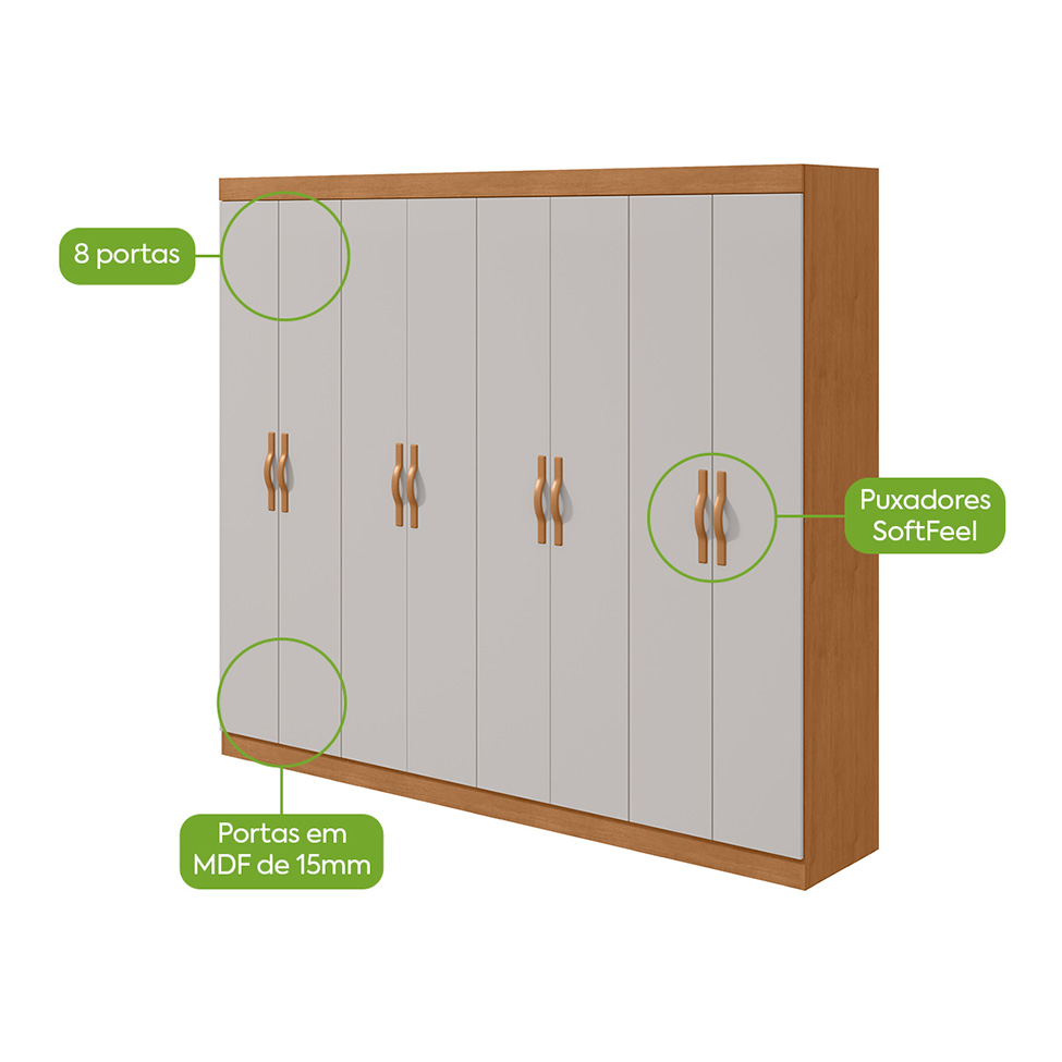 Guarda-Roupa Casal Serenata 8 Portas 6 Gavetas Amêndoa Clean e Off White