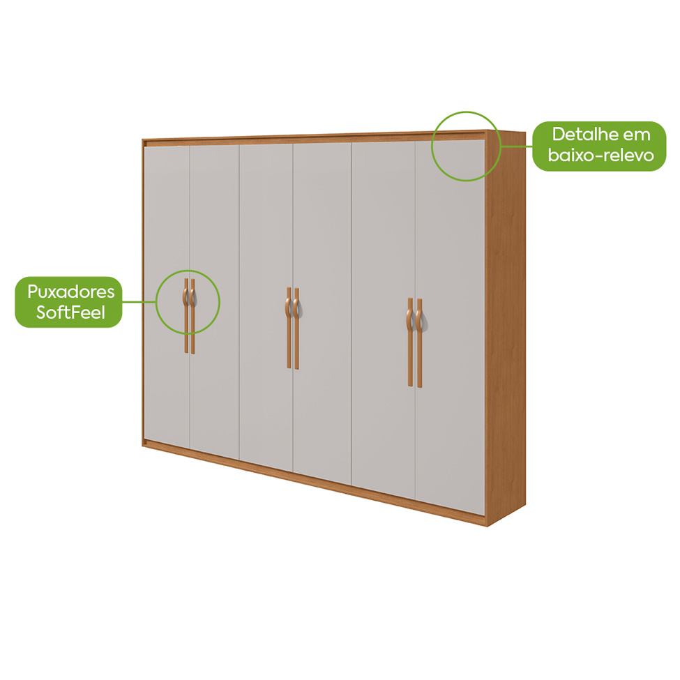 Guarda-Roupa Casal Suavitá 6 Portas 6 Gavetas Amêndoa Clean e Off White