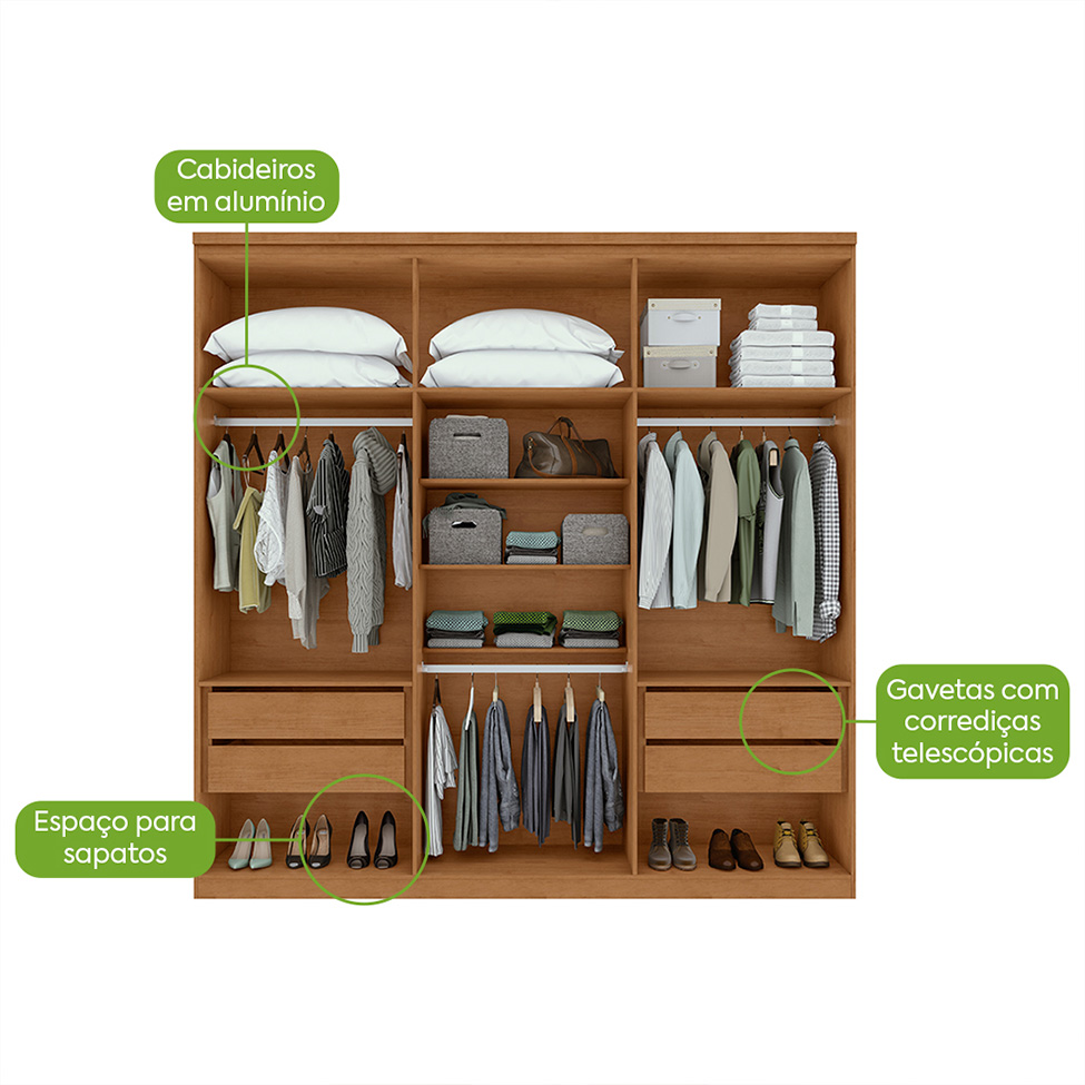 Guarda-Roupa Casal com Espelho Alonzo 6 Portas 4 Gavetas Amêndoa Clean e Off White
