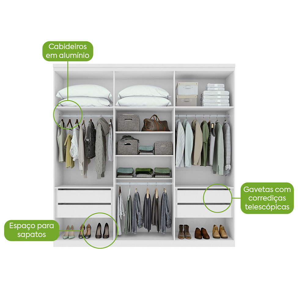 Guarda-Roupa Casal com Espelho Alonzo 6 Portas 4 Gavetas Branco