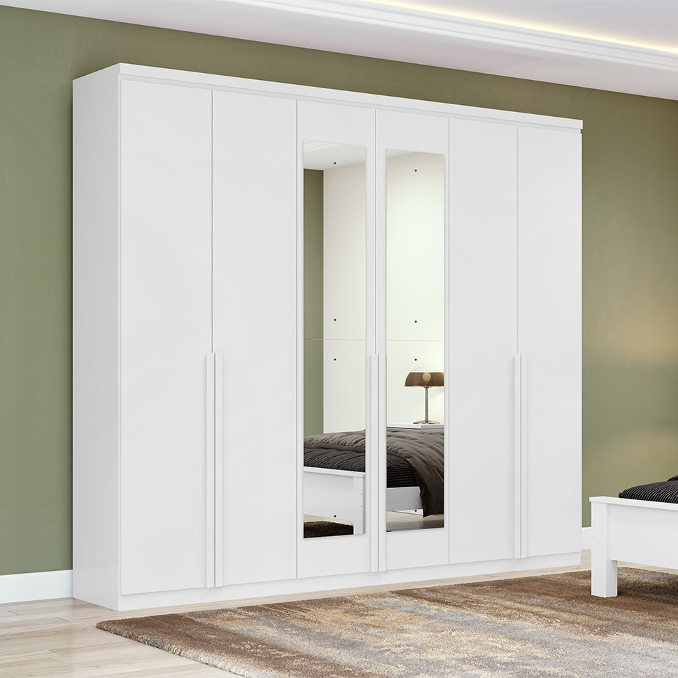 Guarda-Roupa Casal com Espelho Alonzo 6 Portas 4 Gavetas Branco