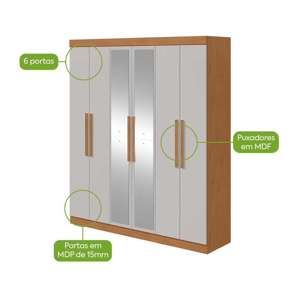 Guarda-Roupa Casal com Espelho Andara 6 Portas 2 Gavetas Amêndoa Clean e Off White