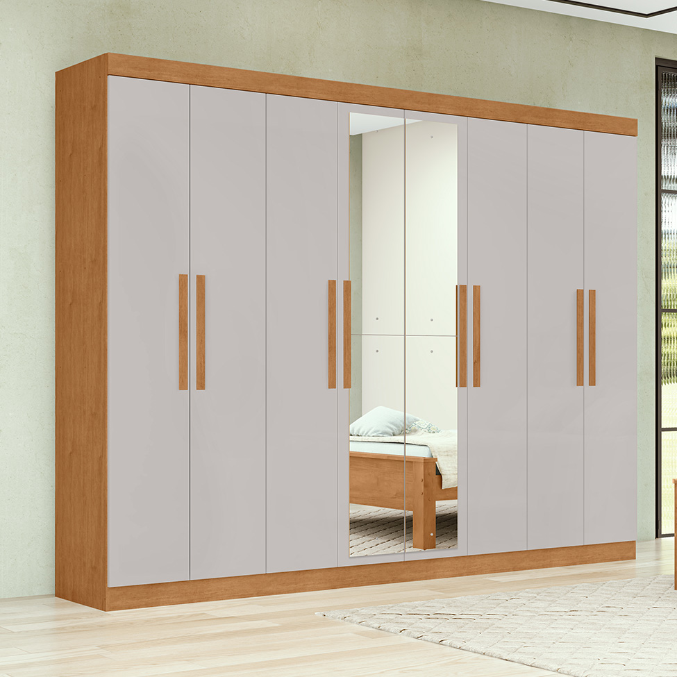 Guarda-Roupa Casal com Espelho Andara 8 Portas 4 Gavetas Amêndoa Clean e Off White