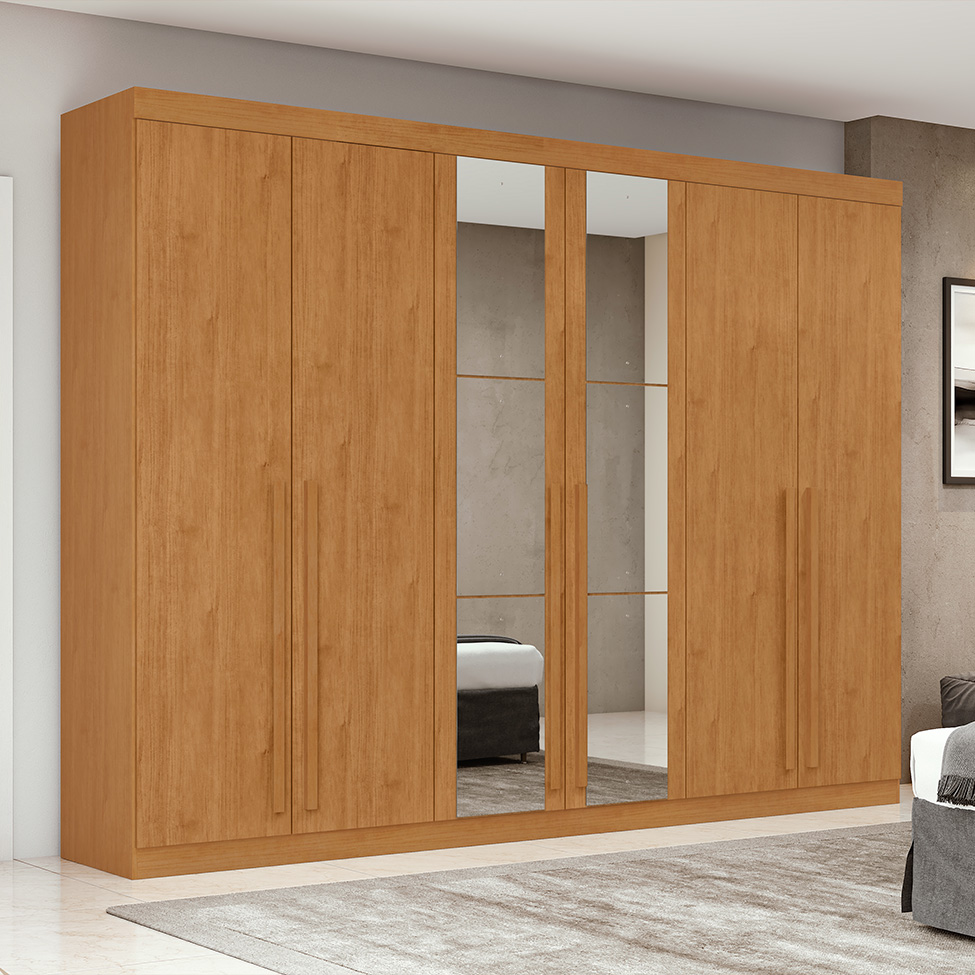 Guarda-Roupa Casal com Espelho Bertha 6 Portas 4 Gavetas Amêndoa Clean