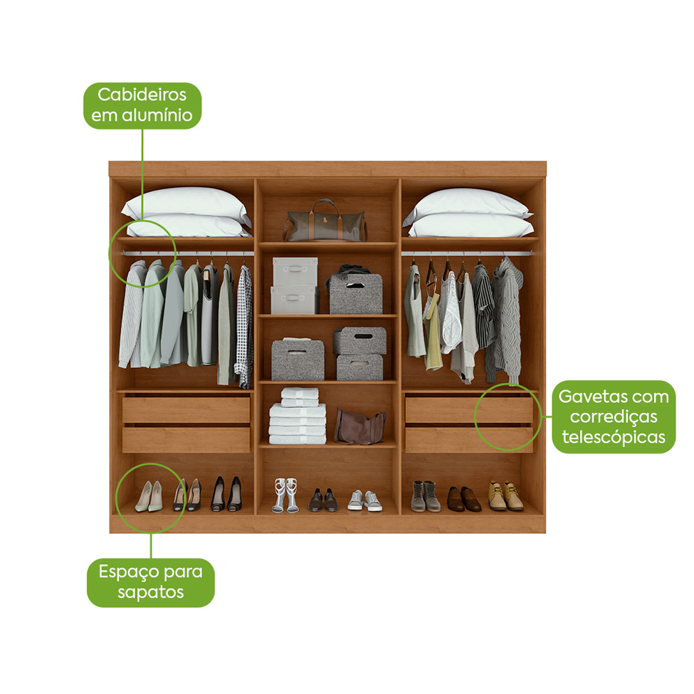 Guarda-Roupa Casal com Espelho Bertha 6 Portas 4 Gavetas Amêndoa Clean