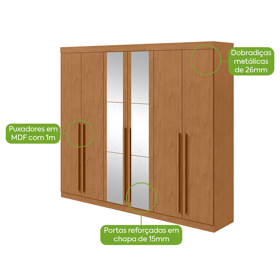 Guarda-Roupa Casal com Espelho Bertha 6 Portas 4 Gavetas Amêndoa Clean
